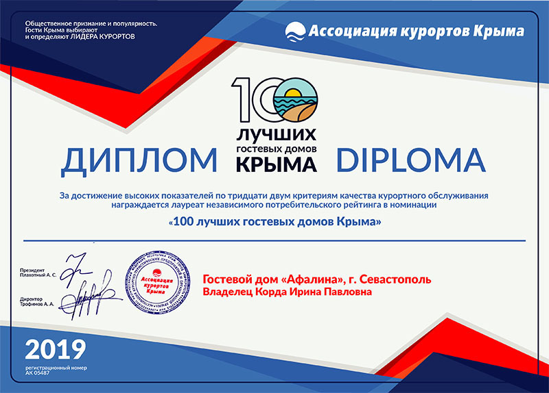 Диплом «100 лучших гостевых домов Крыма»